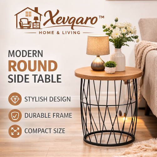Xevqaro™ Round Accent Side Table – Modern Living Room End Table, Small Sofa Side Table with Metal Frame