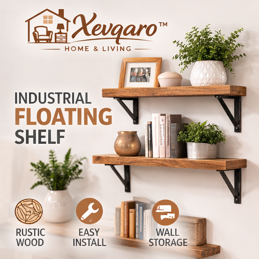 Xevqaro™ Industrial Wall Mounted Floating Shelf – Rustic Wood Living Room Shelf, Decorative Storage Shelf for Home Decor
